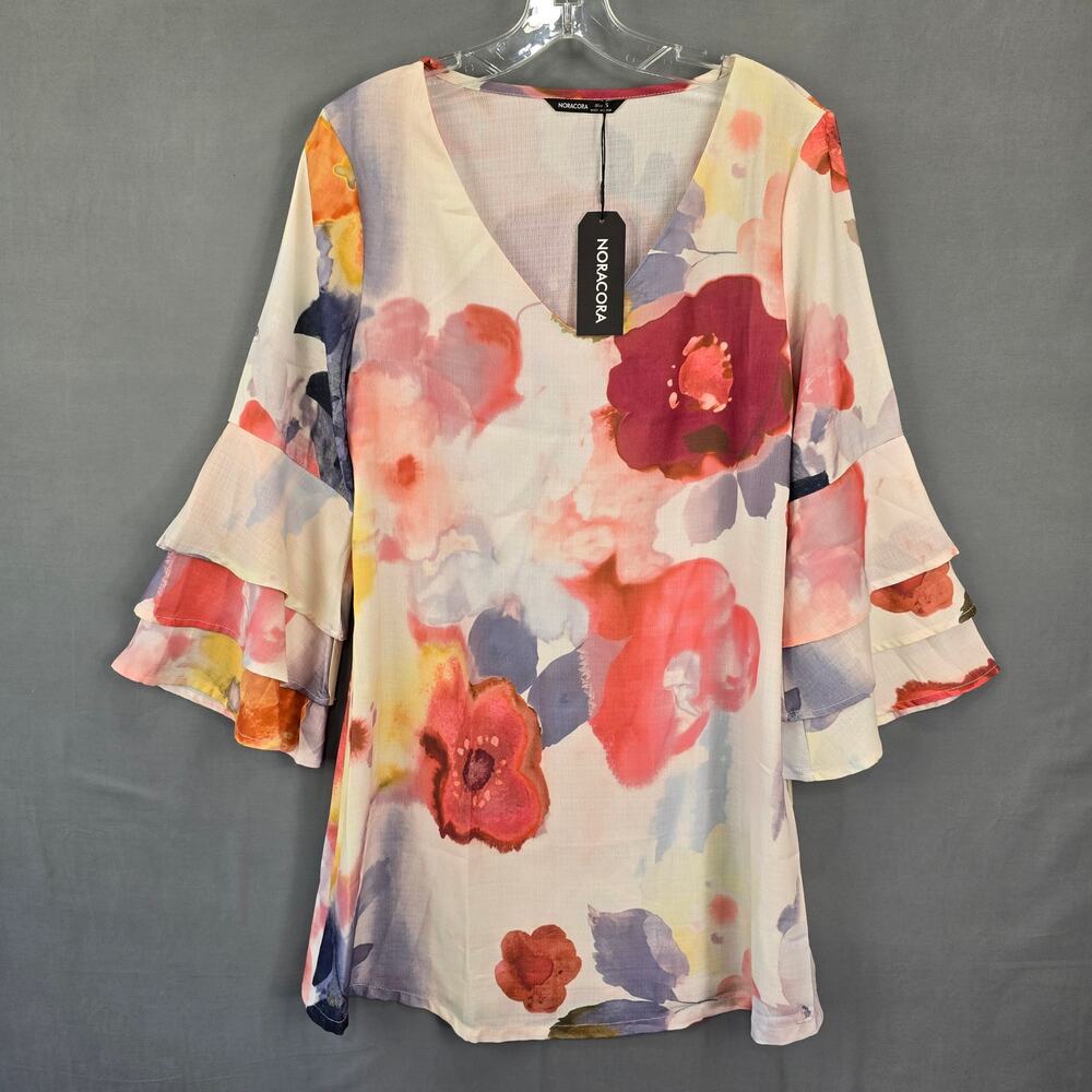 NoraCora Cream Pink Floral Mini Dress Tunic NEW Women Size S Deep V-Neck Sleeves